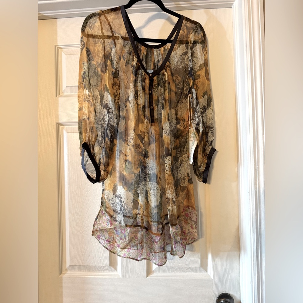 Aratta Sheer Floral with Satin Trim Orange, Green, Navy  Sz S